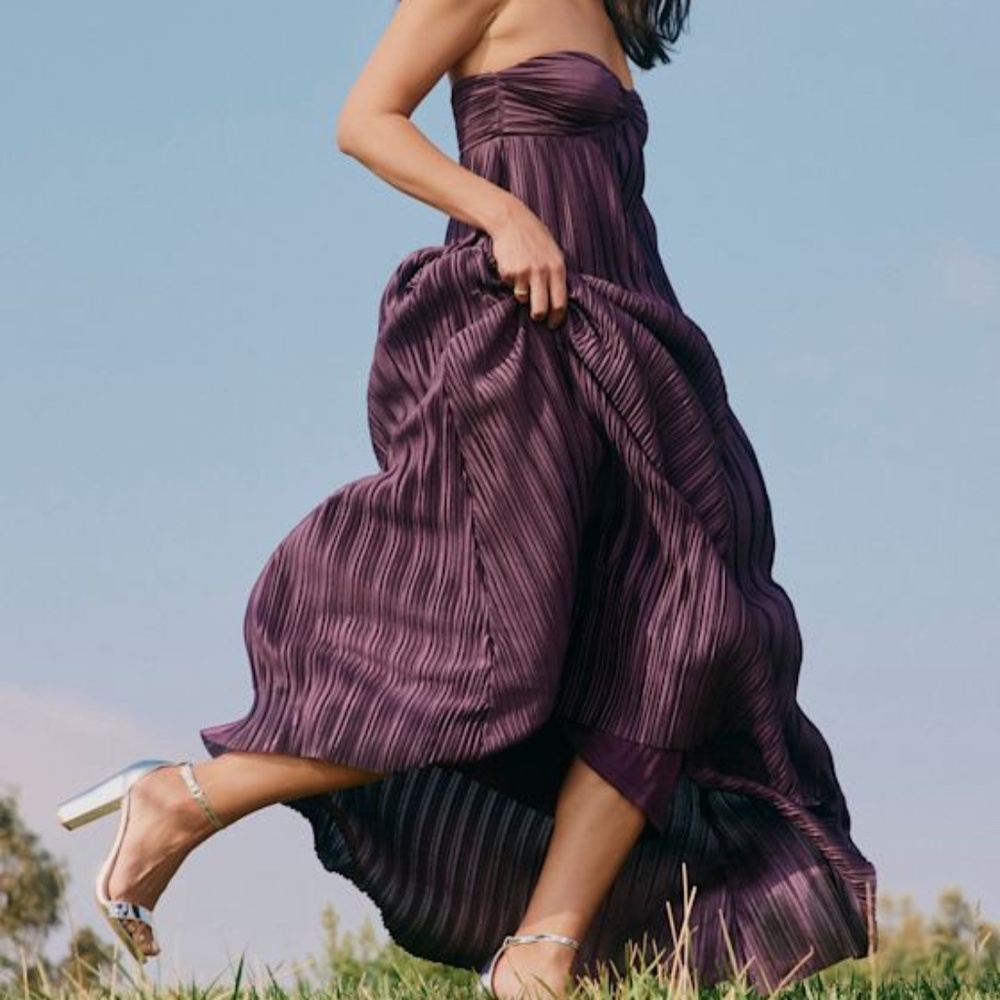 Lulus Whimsical Beauty Dark Purple Satin Plisse Strapless Maxi Dress - Size XL